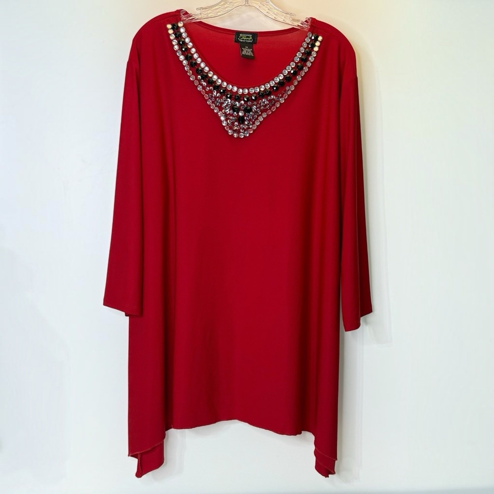Shannon Ford New York Red Asymmetrical Stretchy Jeweled Tunic Top Womens 3X